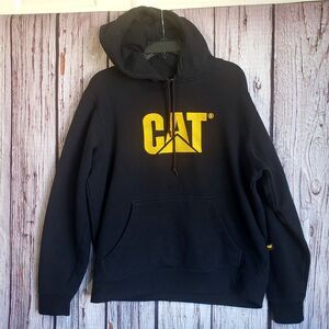 CAT Caterpillar Large Black Hoodie Cotton Blend Yellow Embroidery Mens Pullover